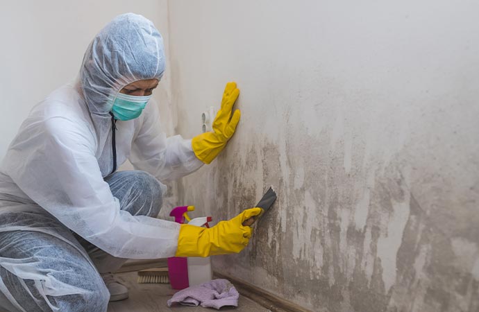 worker of cleaning service removes mold from wall using spray bottle with mold removal products