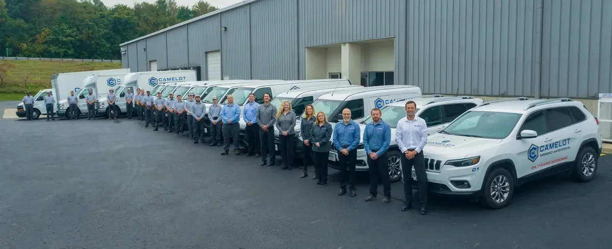 Camelot Emergency Water Removal team posed with the company fleet outside the shop