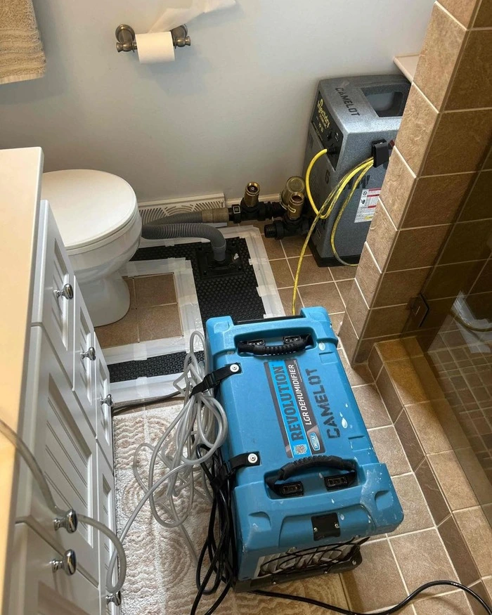 LGR dehumidifier and a floor drying mat set up beside a toilet, shown for water damage in Kalamazoo
